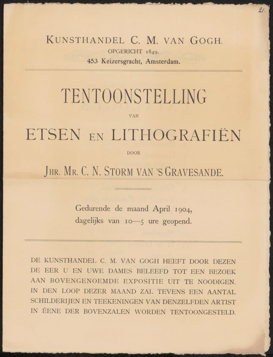 Uitnodiging voor een tentoonstelling van etsen en lithografiën van Carel Nicolaas Storm van 's-Gravesande