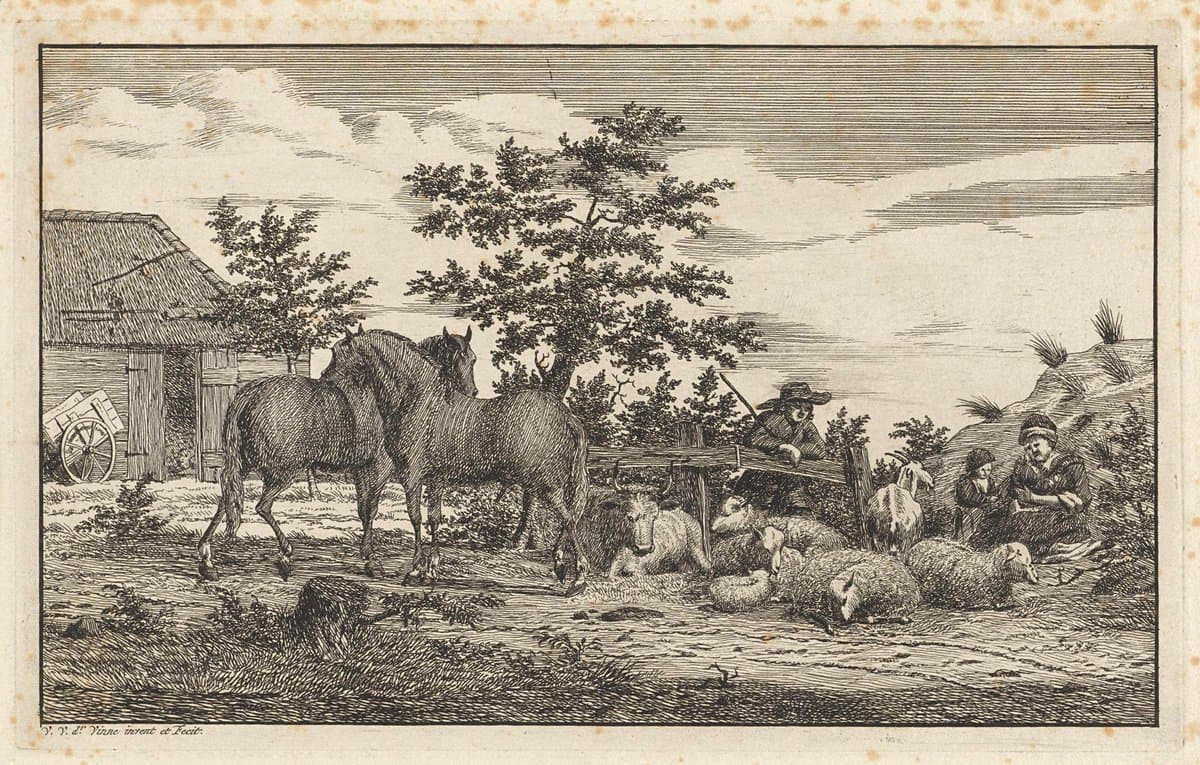 Herder bij zittende vrouw en kinderen bij schapen en twee paarden